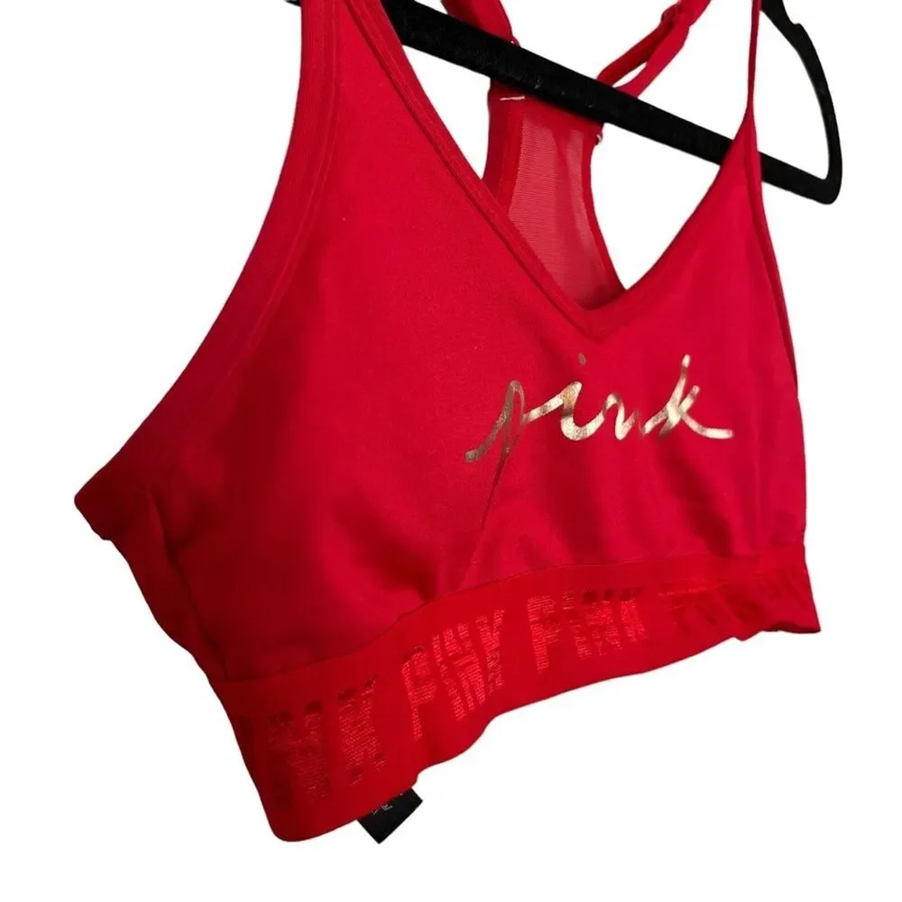 VICTORIA'S SECRET PINK Active Red Gold Spell Out Lightly Lined Bralette Bra XS - Picture 7 of 16